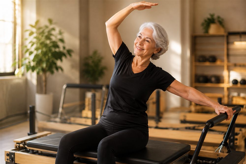 Aluna da melhor idade alongando no Reformer